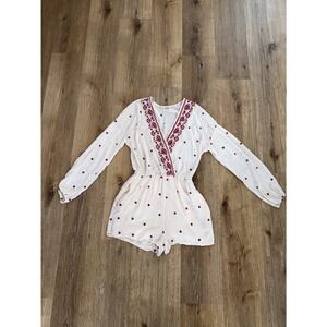 Chloe & Katie Romper‎ Womens S Cream Burgundy Floral Embroidered Boho Festival